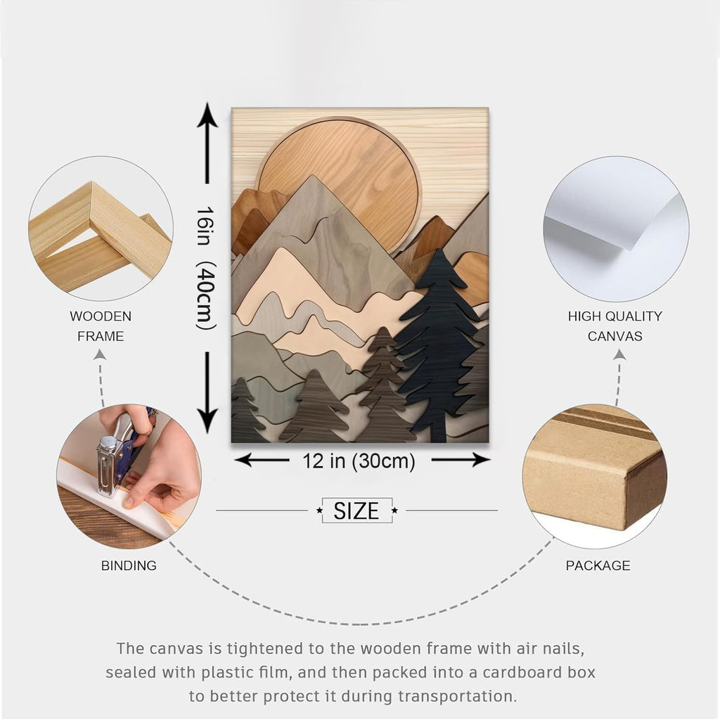 Set of 3 Mountain canvas Wall Art Large Forest Wall Decor pictures Woodcut Wooden Landscape poster Prints Abstract