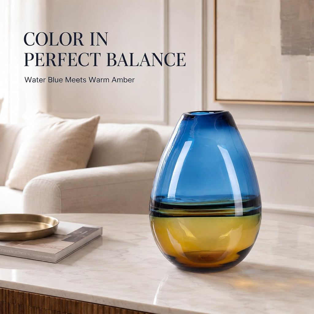 11.8in H Hand Blown Glass Vase,Murano Style Blue and Amber Gradient Sea Art