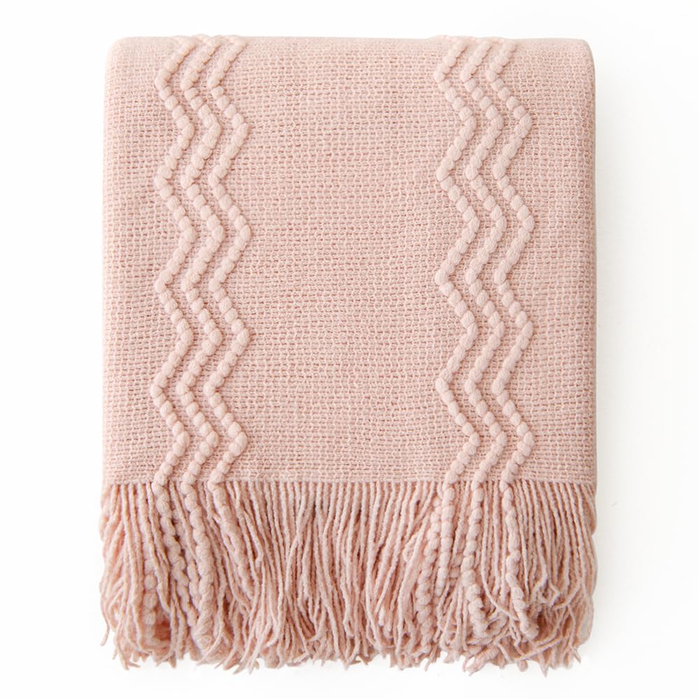 Light Pink Knitted Boho Throw Blanket for Couch 50"x60"