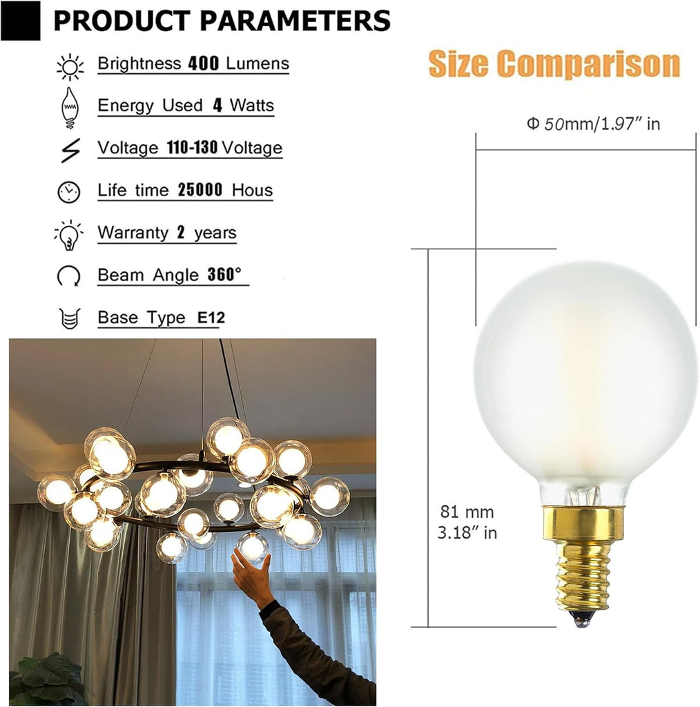 E12 LED Bulb Dimmable 4W G16.5 Frosted Candelabra Bulb Warm White 2700K