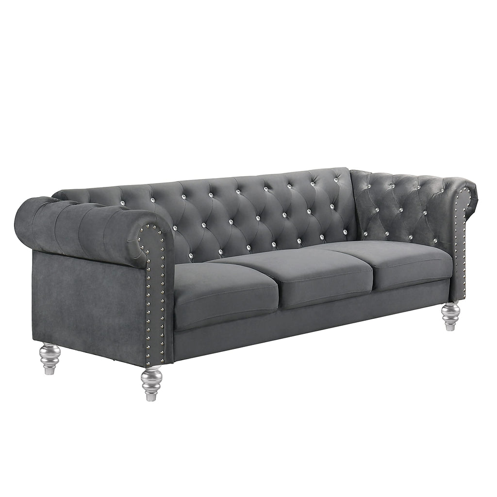 Glam Emma Three Seater Chesterfield Style Sofa for Small Spaces with Crystal Button Tufts, Gray