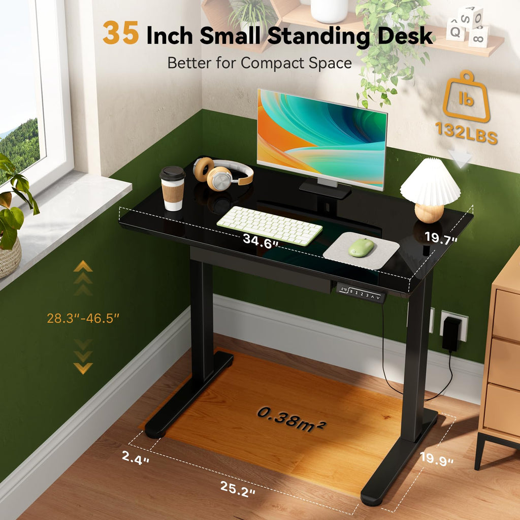 35" Black Glass Standing Desk Height Adjustable with Drawer