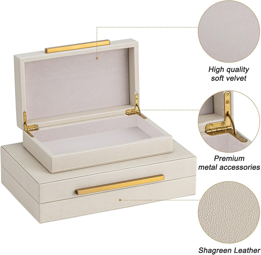 Faux Leather Large Modern Stackable Nesting Jewelry Box with Lids Organizer Beige Shagreen Decorative - Set of 2