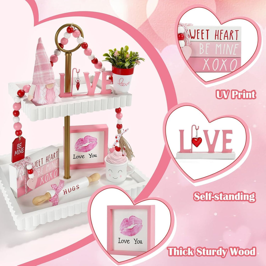 Pink Valentine's Day Decorations Tiered Tray Decor Set - Set of 8