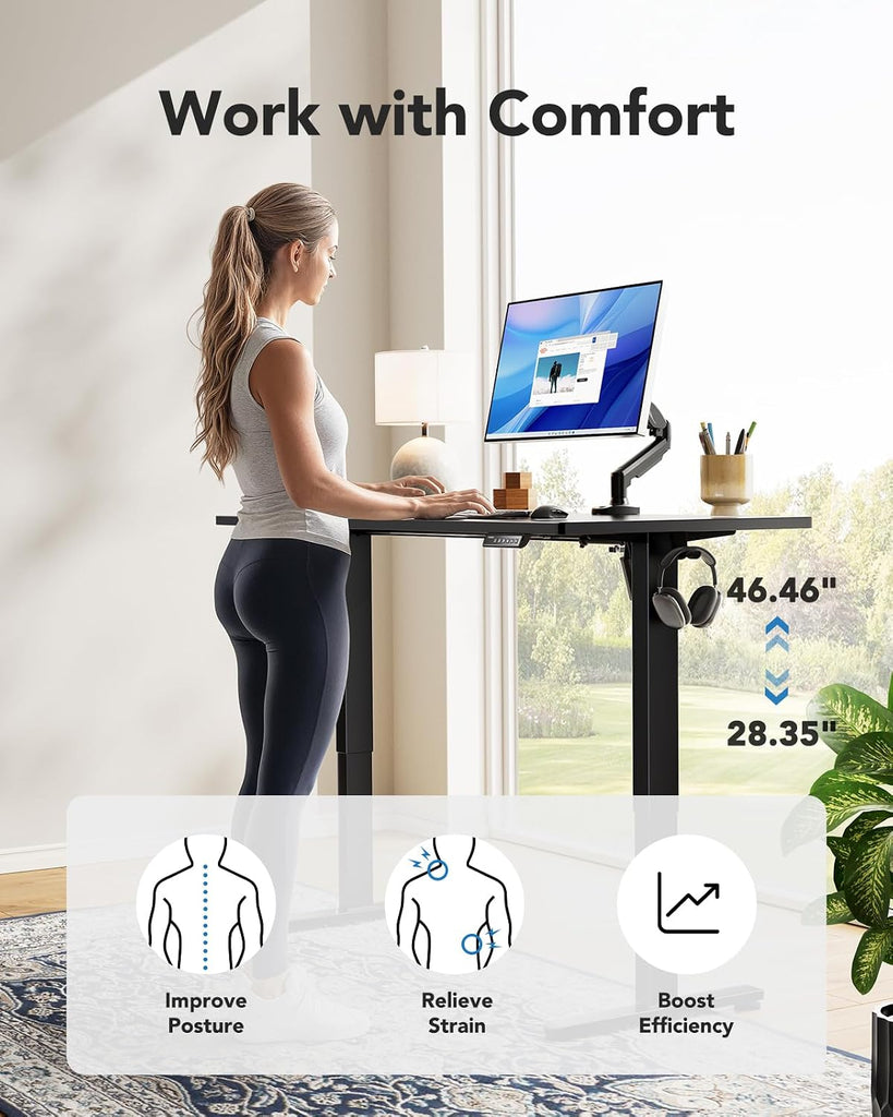 Electric Standing Desk, Whole Piece Desktop, Adjustable Height Computer Desk, 4 Height Memory Settings, Sit Stand Up
