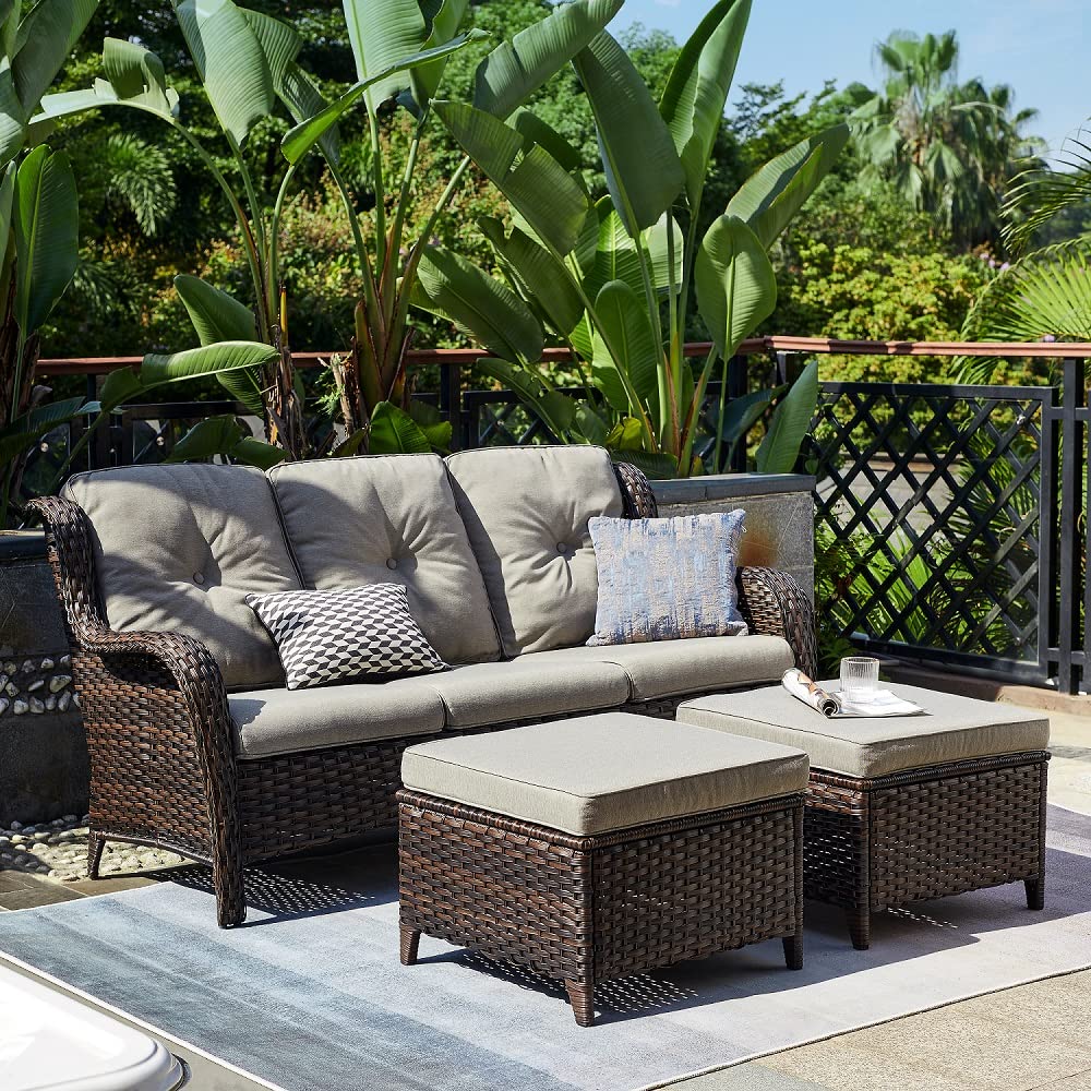 Outdoor Ottomans Set of 2 PE Wicker Steel Frame Outdoor Footstool, Backyard, Additional Seating, Side Tables with