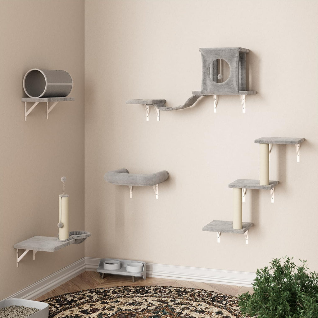 Cat Wall Shelves, 7 Pcs Wall-Mounted Cat Climber Set, Gray
