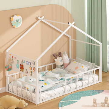 Montessori House Bed for Kids, Metal Floor Bed with Pegboard
