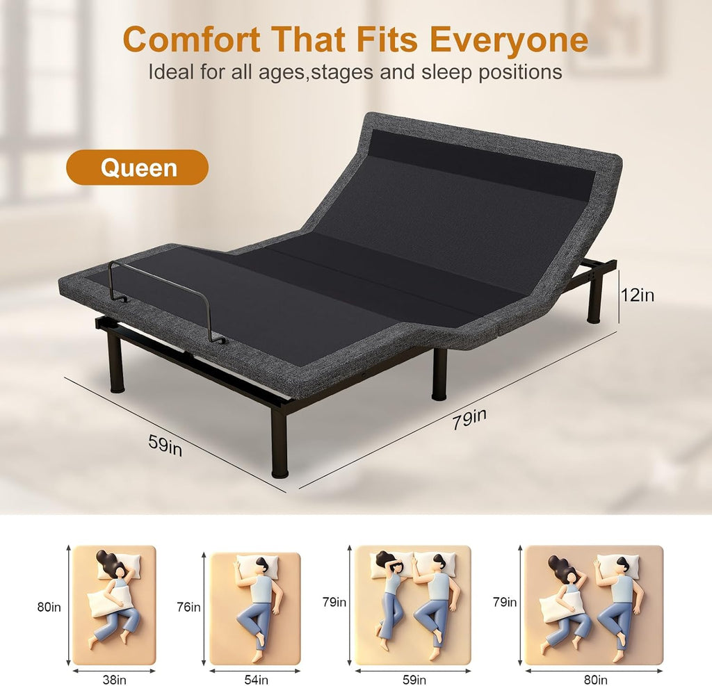 Queen Adjustable Bed Frame with Mattress, Electric Bed Base with Head and Foot Lift, Head-Pillow-Tilt, Under-Bed LED