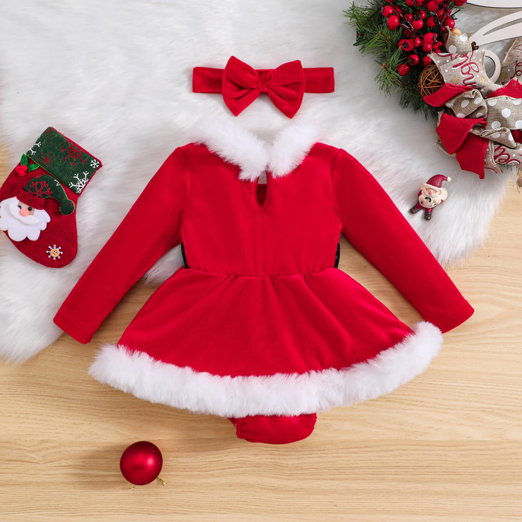 Infant Baby Girl Christmas Dress Santa Claus Romper Dress Long Sleeve Christmas Dress Cute Winter Clothes(A-Red, 6-12