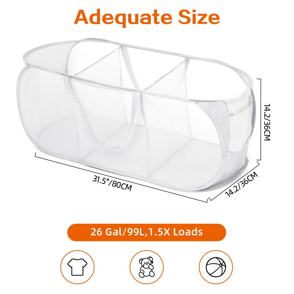 Durable Collapsible Foldable Mesh Pop Up Laundry Basket, 3 Compartments Easy to Carry & Sort Clothes Hampers, Travel