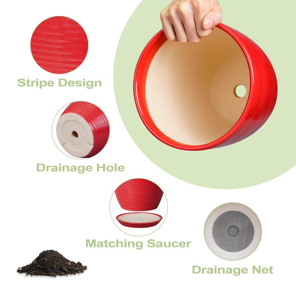 Ceramic Pot for Plants 12 Inch - Plant Pot Indoor with Drainage Hole and Saucer Round Large Planter for Outdoor