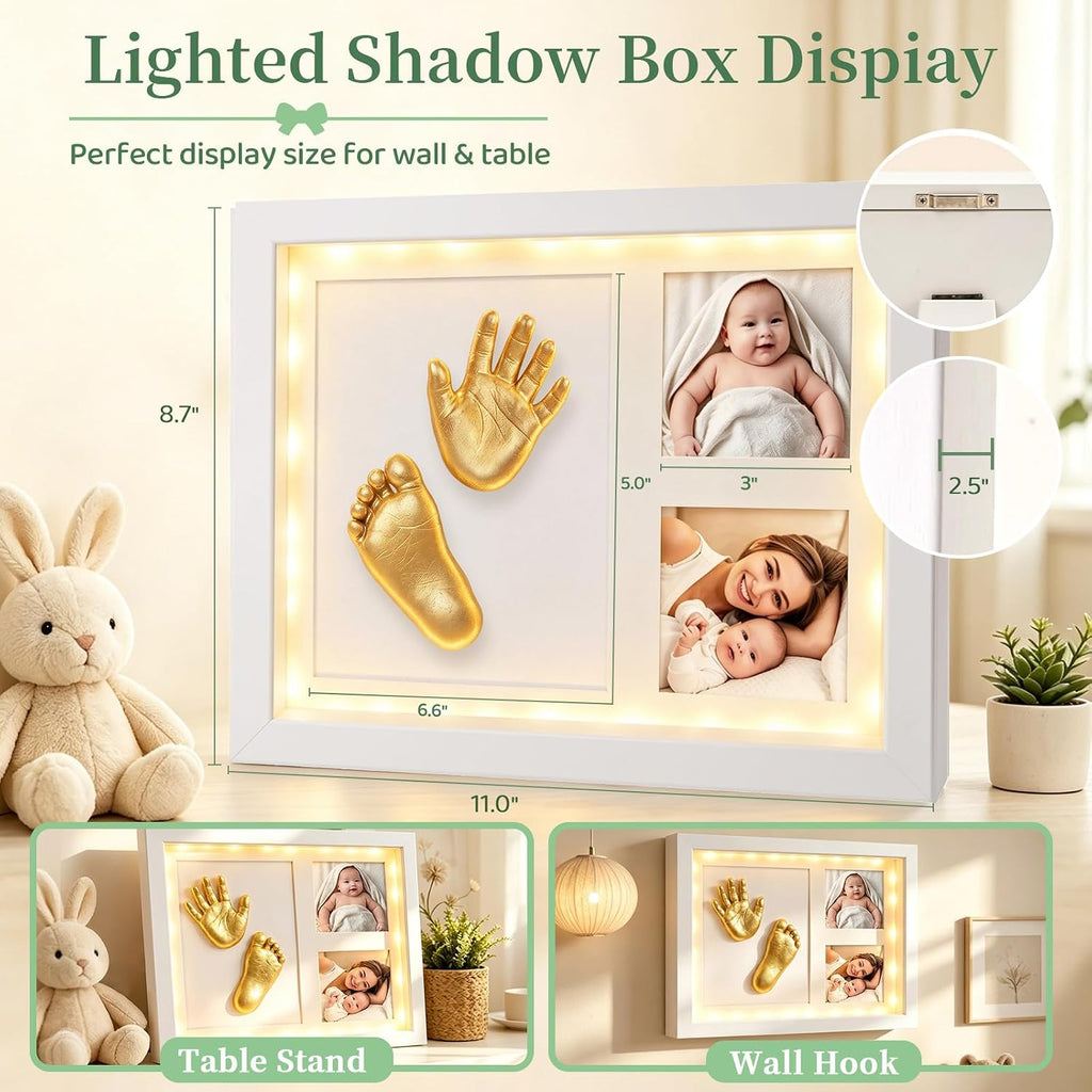 Baby Hand and Foot Casting Kit, Lighted Shadow Box Frame, Newborn Keepsake