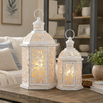 Lanterns Decorative Outdoor&Indoor, Set of 2 (15"&7") White Metal Lantern Decor, Candle Holder for Porch, Patio