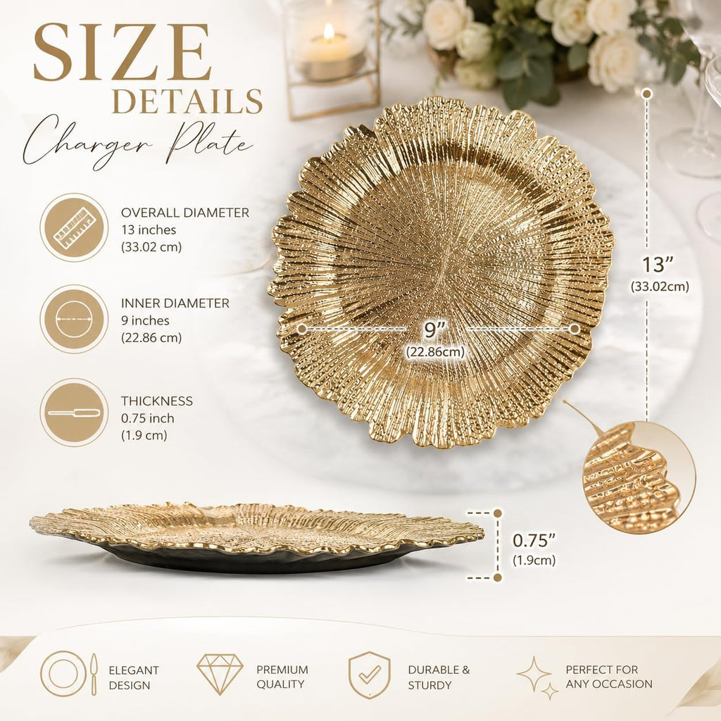 Gold Charger Plates, 13" Round Reef Design, Decorative Plastic Charger Plates for Wedding, Party & Table - Set of 12