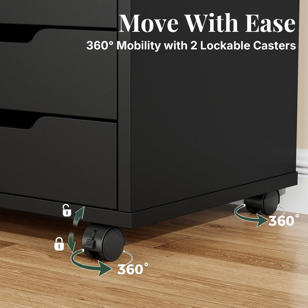 5-Drawer File Cabinet, Printer Stand with Storage, Black | Wood Under Desk with Organizer with Door and Adjustable