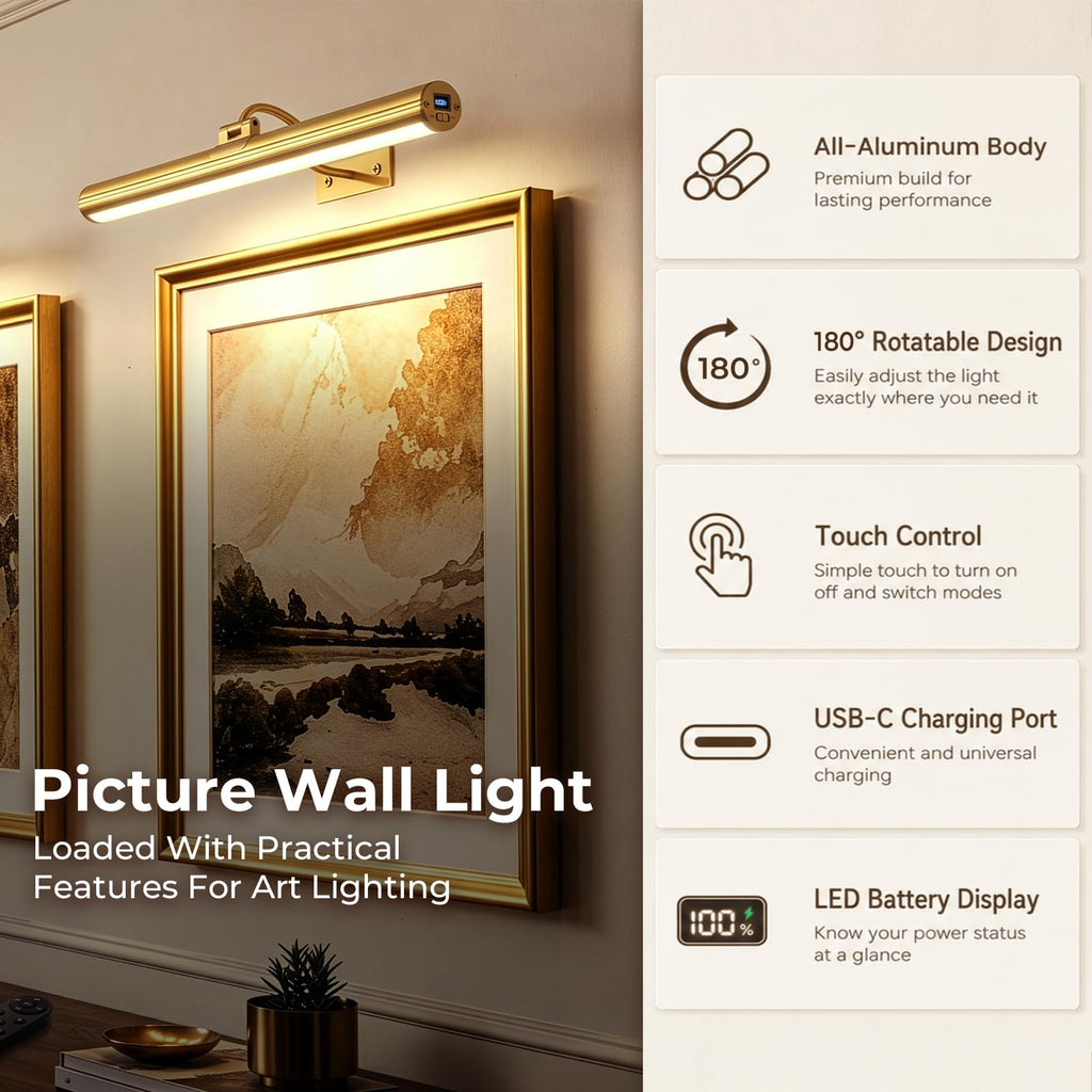 16inch Picture Lights for Wall Art 2 Pack,6000mAh Battery,Gold