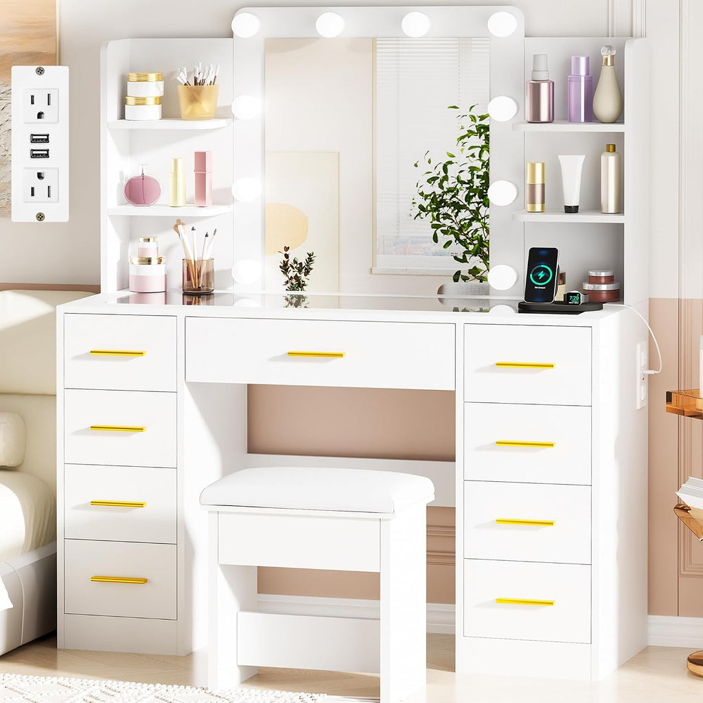 Large Vanity Desk with Mirror and Lights,Glass Top,9 Drawers | White Makeup Vanity Table with 4 Storage