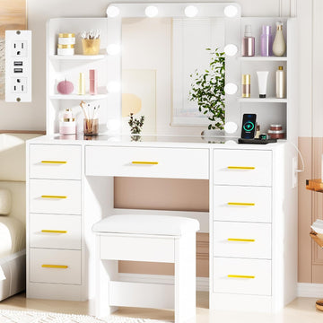 Large Vanity Desk with Mirror and Lights,Glass Top,9 Drawers | White Makeup Vanity Table with 4 Storage