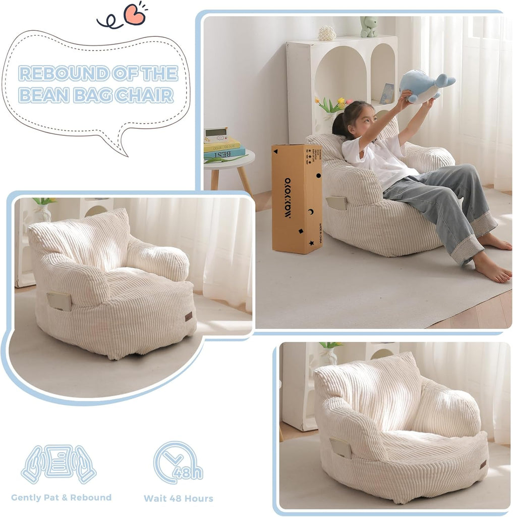 Kids Bean Bag Chair, Stuffed Bean Bag Sofa, Beige, Standard