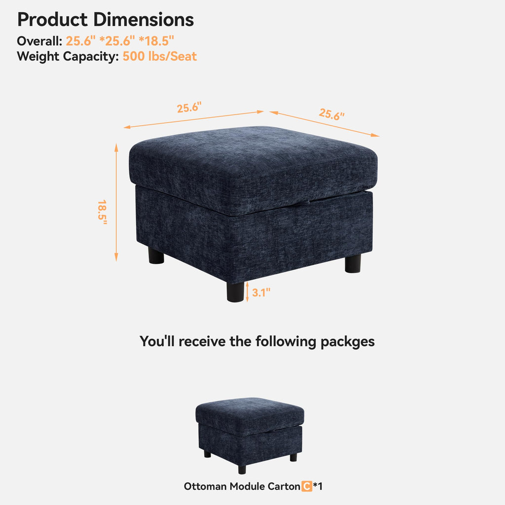 Modular Sectional Couch with Storage, 25'' Storage Sofa Ottoman, Navy
