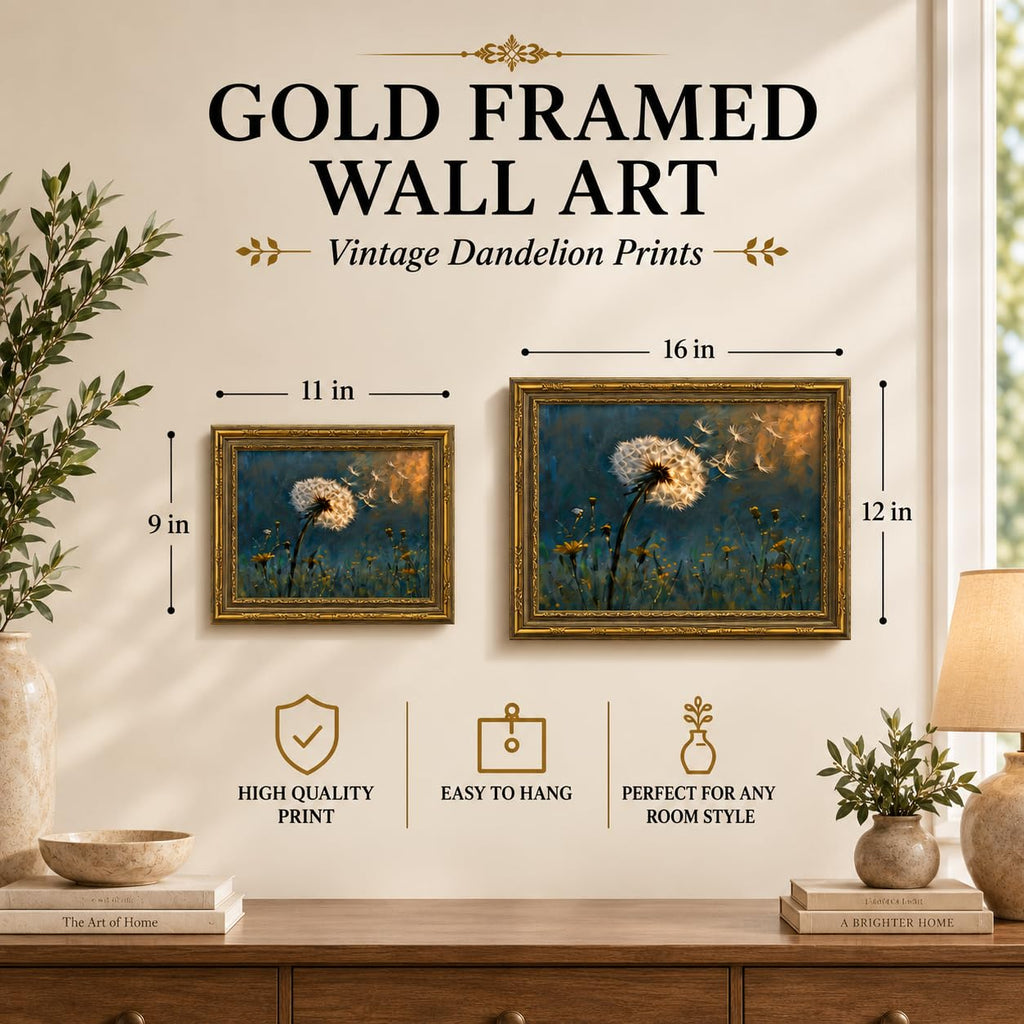 Vintage Gold Framed Dandelion Wall Art, Rustic Nature Canvas Print, Dandelion in Sunset Field Wall Decor, Vintage
