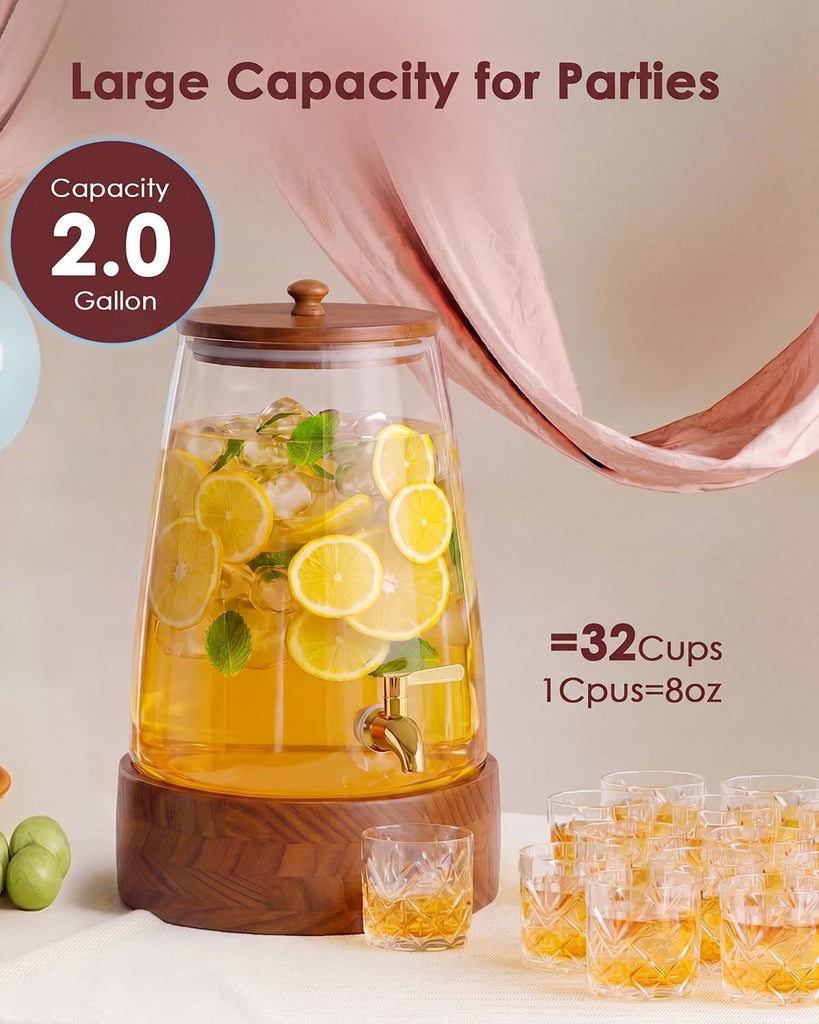 2 Gallon Glass Drink Dispenser with Spigot, Beverage Dispenser with Stand