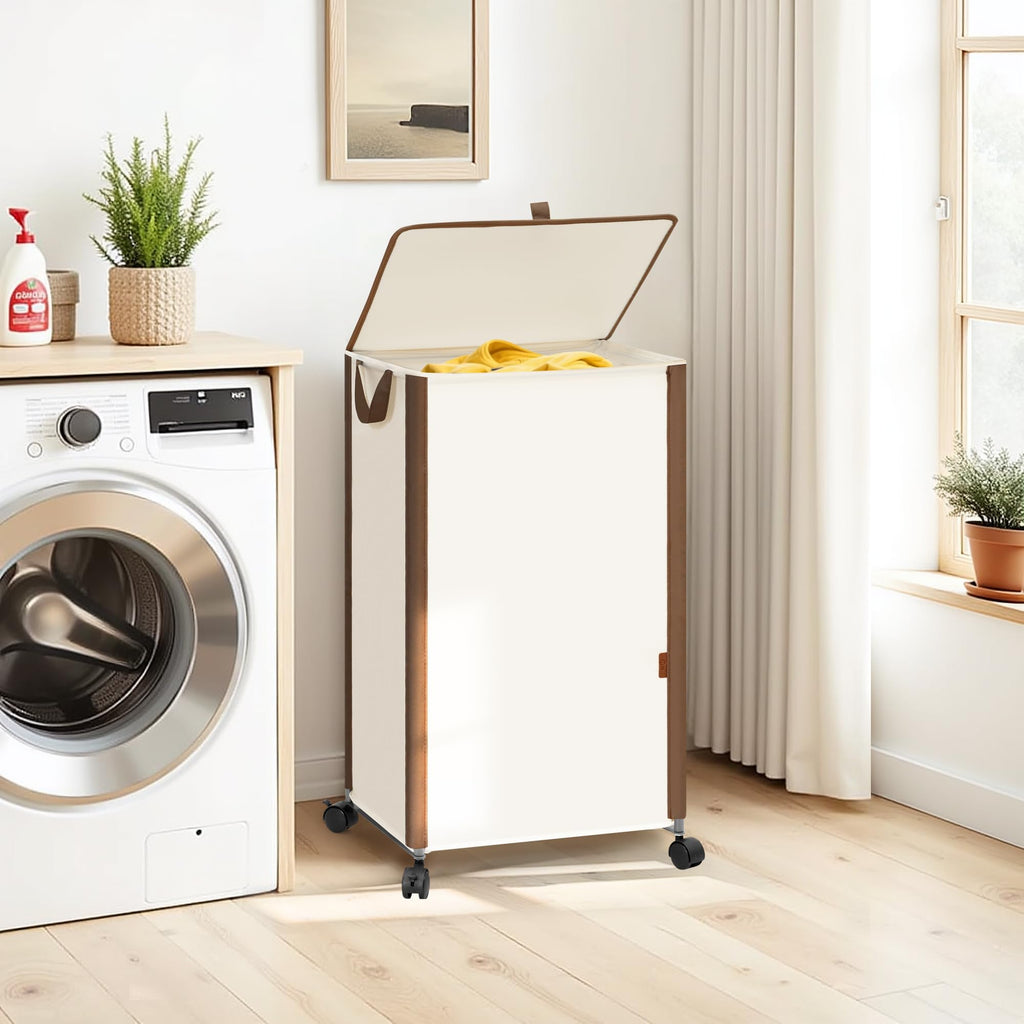 Rolling Laundry Hamper with Lid, 23.7 Gal (90 L) Large Tall Laundry Basket with Wheels & Handles, Aesthetic Dirty