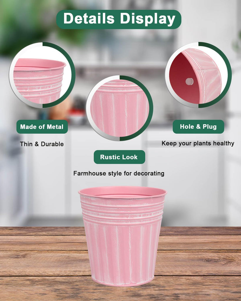 6 Inch Pink Metal Rustic Flower Pots - 6Pcs Medium Galvanized Planters with Drainage Hole and Rubber Plug, Rustproof
