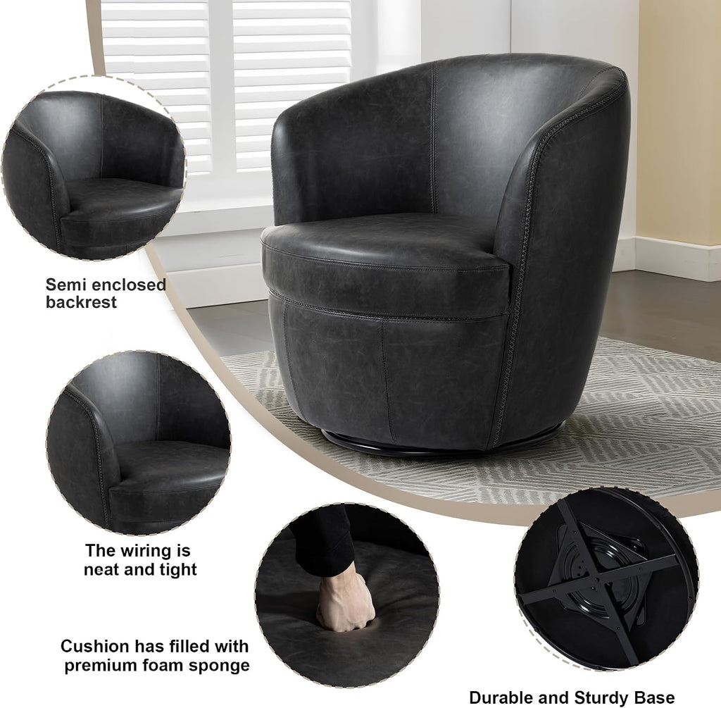 Faux Leather Swivel Barrel Accent Chairs, Fully Assembled, Black