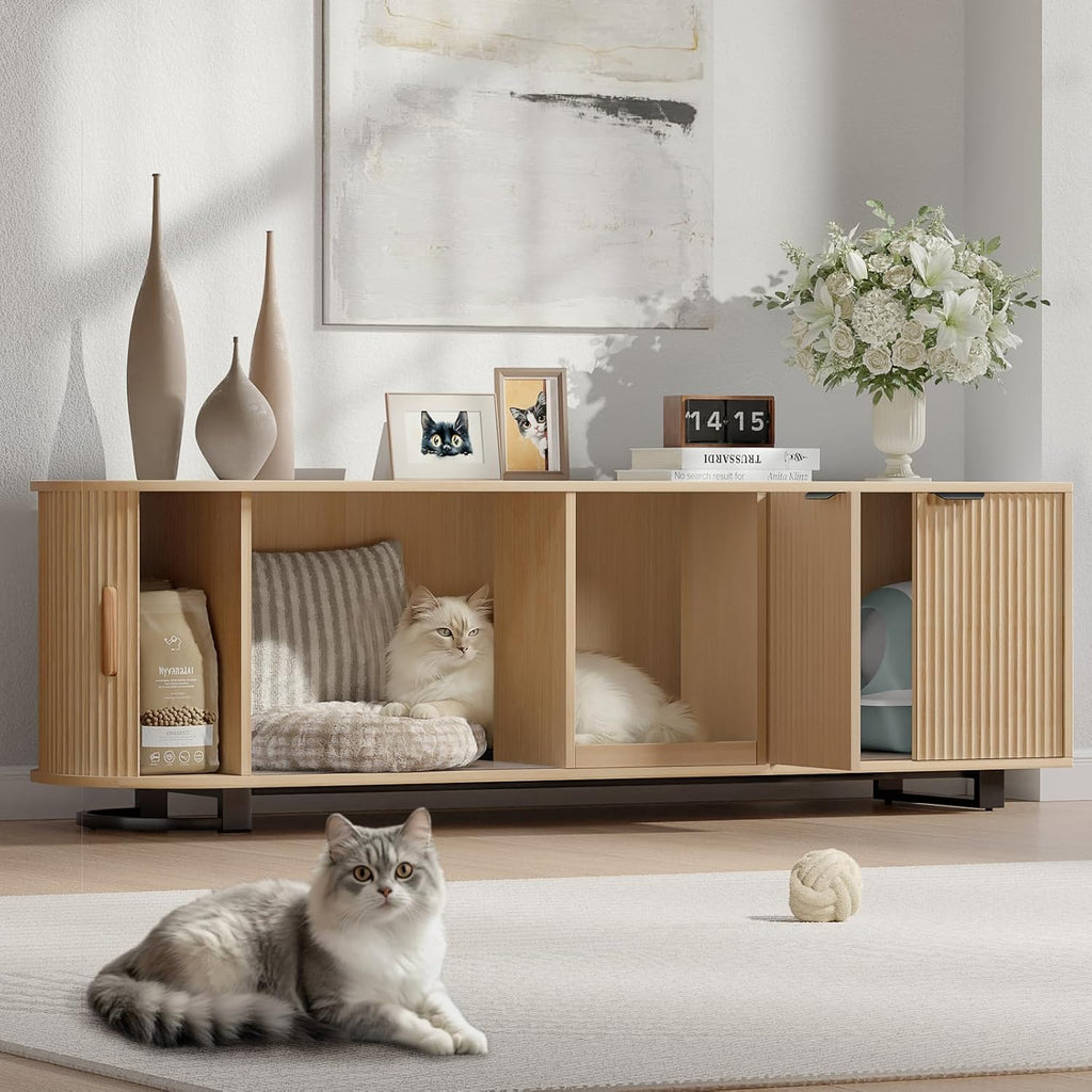 62'' Cat Litter Box Enclosure with Sliding Tambour Door, Fluted Litter Box Enclosure Furniture Hidden Litter Box