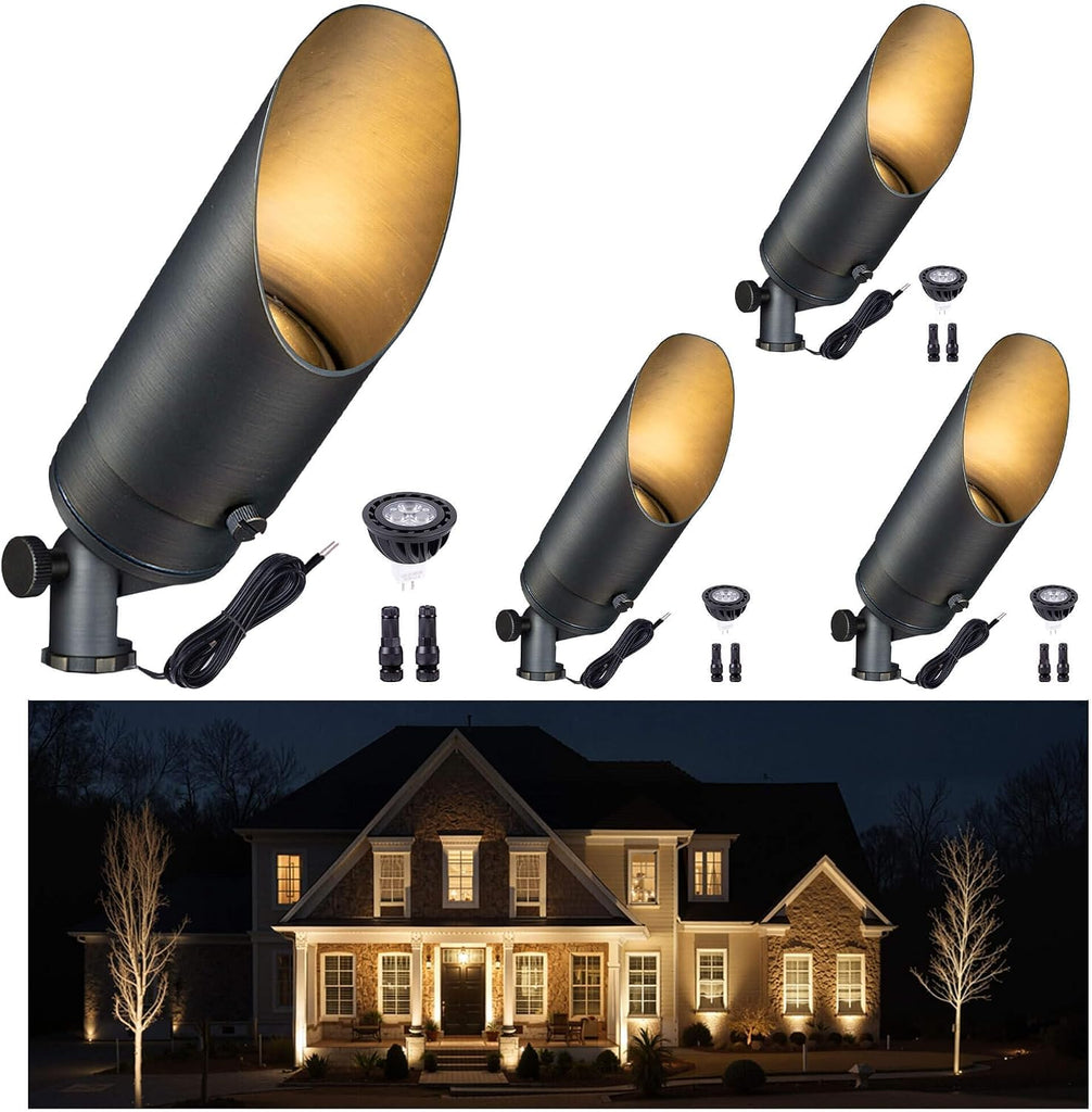 Brass Landscape Lighting - Low Voltage Outdoor Spotlights, Wired LED Uplights 12V, Waterproof Spot Lights, Antique