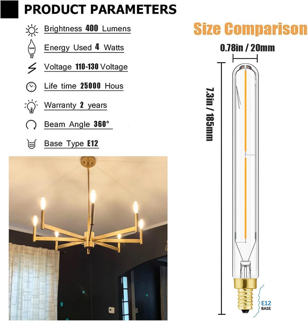 E12 Long Tubular Light Bulbs, 4W Led Edison Bulbs Soft White 3000K