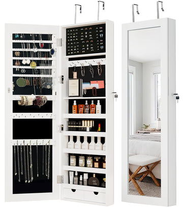 Jewelry Organizer, Jewelry Cabinet Armoire with Mirror Wall Door or Mounted, Lockable Mirror with Storage 2 Drawer