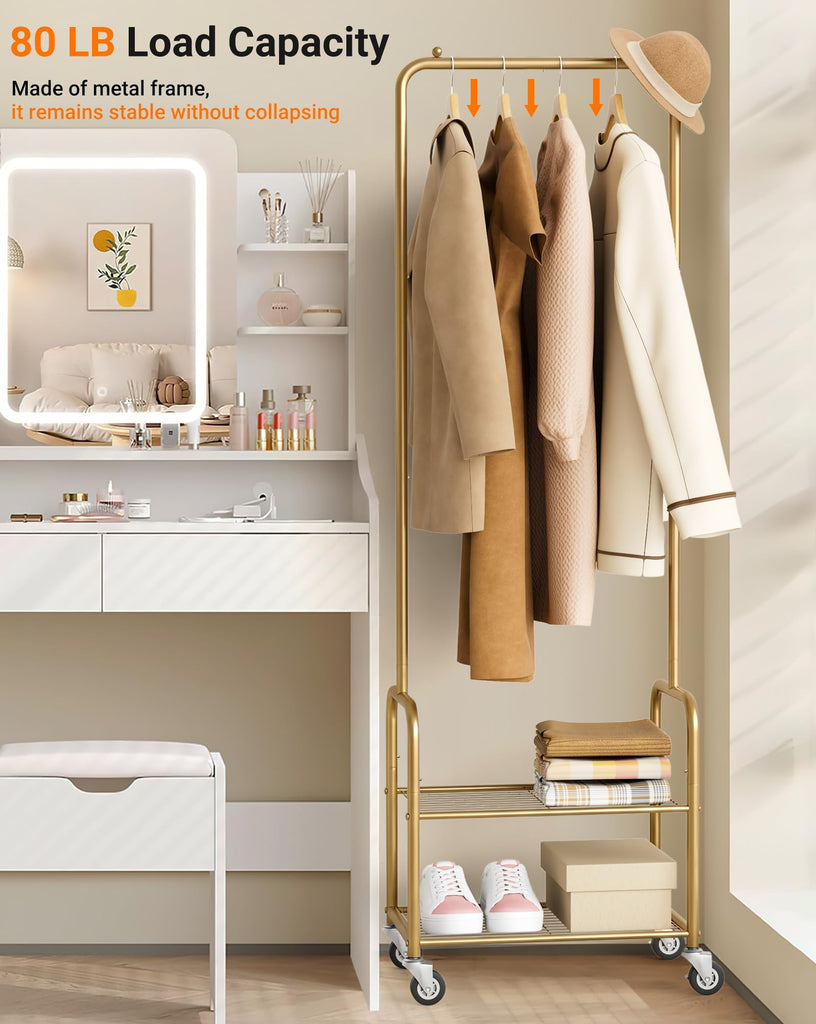 Small Clothes Rack with Shelves, Metal Sturdy Rolling Clothing Racks for Hanging Clothes, Portable Garment Rack with