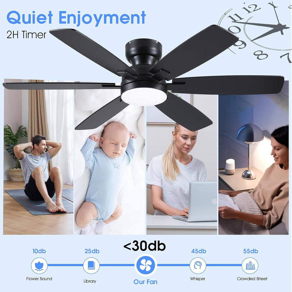 52 In Flush Mount Ceiling Fan with Light Remote/APP,6 Blades Black
