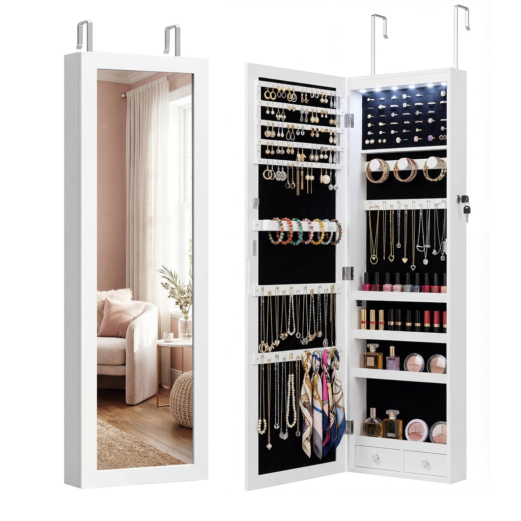 6 LEDs Jewelry Cabinet with Lock, 48" Full Length Mirror Wall Mounted or Over The Door Jewelry Organizer, Large