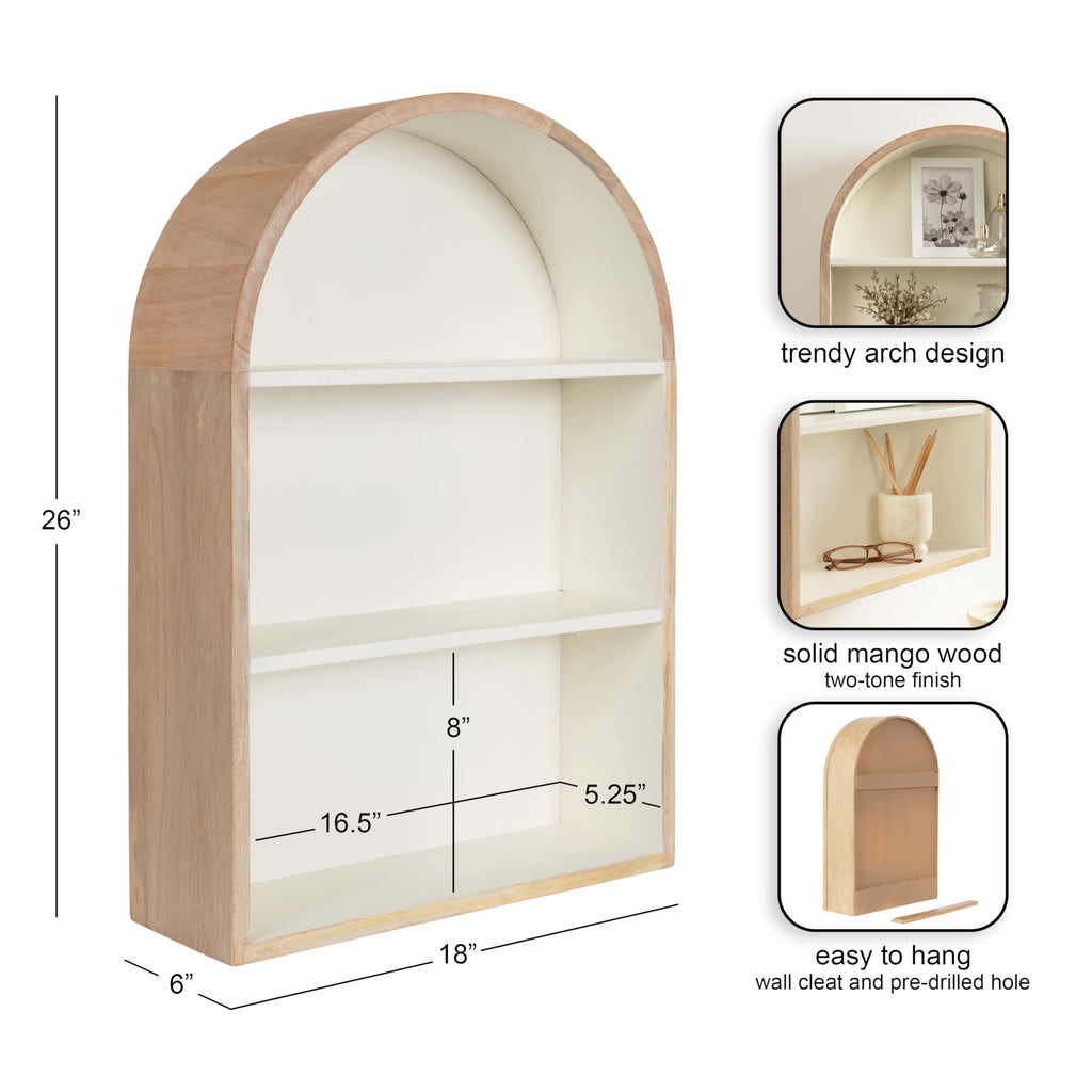 Arcott Modern Arched Wall Shelf, 18 x 6 x 26, White and Light Natural, Transitional Arch Wall Shelves for