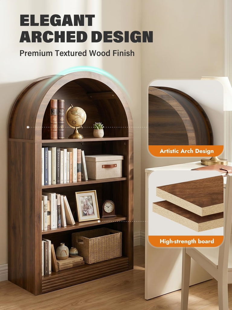 Arched Bookshelf, 47.6 inch Wood Open Bookcase, Brown