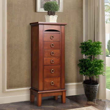 6 Drawers Jewelry Armoire Cabinet, Standing Jewelry Storage Chest with Mirror, 8 Necklace Hooks Wooden Jewelry