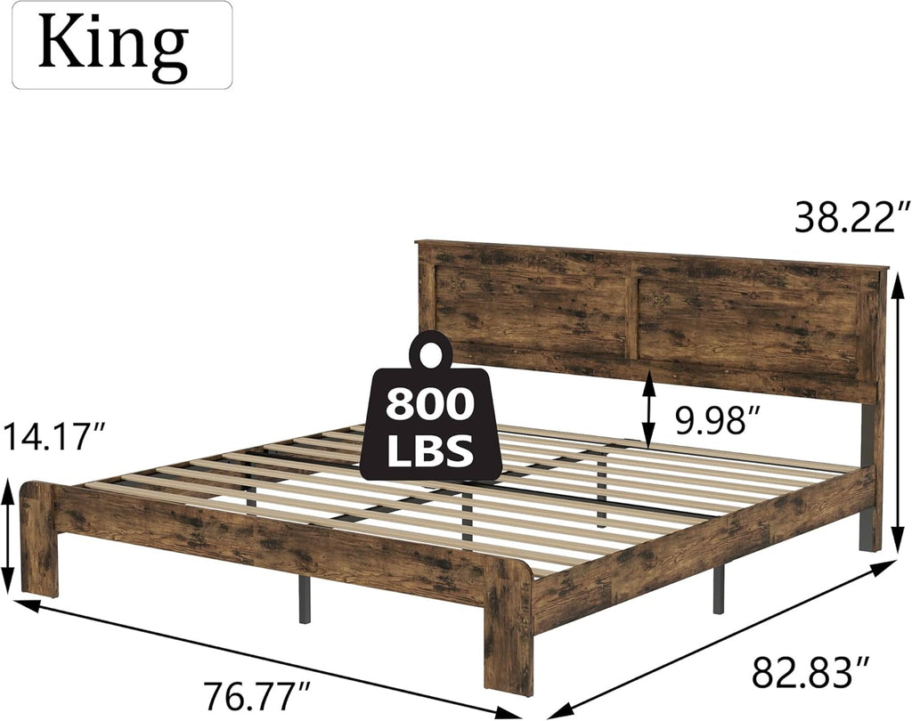 Rustic Vintage King Bed Frame with Headboard,Wooden Platform Bed Frame King with Wood Slats,Easy Assembly,Dark Brown