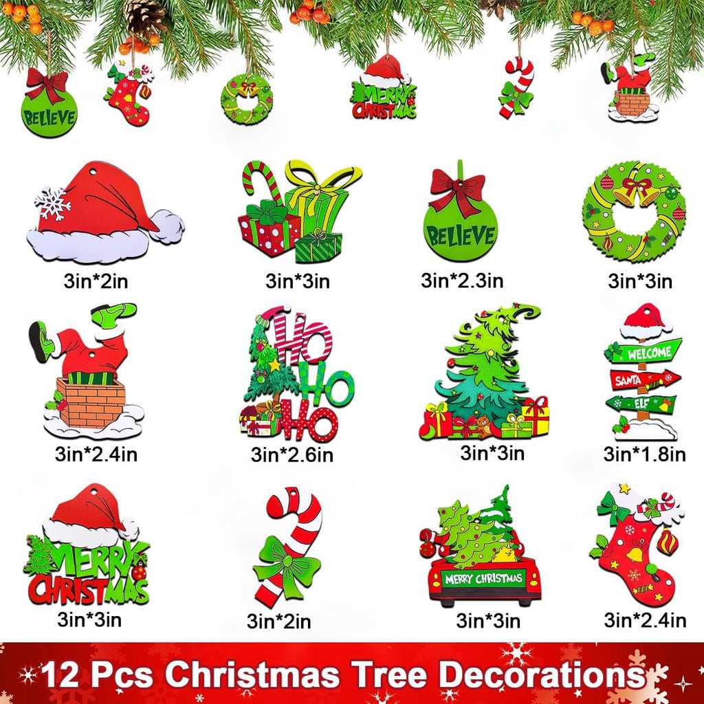 Christmas Tree Decorations Set, Wooden Christmas Ornaments Bulk - Set of 12