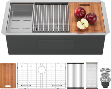 32-Inch Undermount Workstation 16 Gauge Single Bowl Stainless Steel Kitchen Sink with Accessories, 32x19x10 Inch