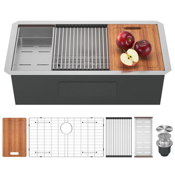 30-Inch Undermount Kitchen Sink Workstation 16 Gauge Stainless Steel Under Counter Single Bowl Handmade Kitchen Sinks