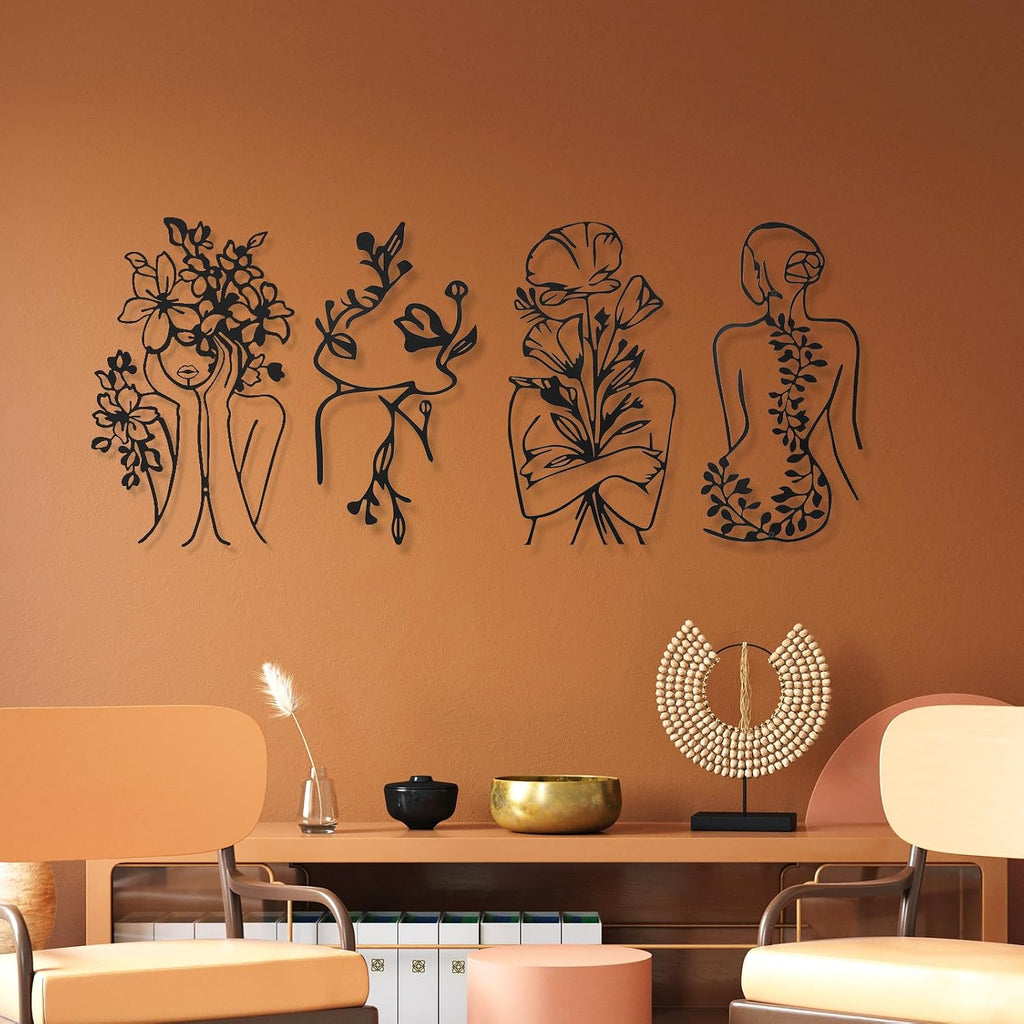 Metal Wall Art Decor Minimalist Abstract Woman Single Line Drawing Wall Art Female Home Decor Hanging Art Print - Set of 4