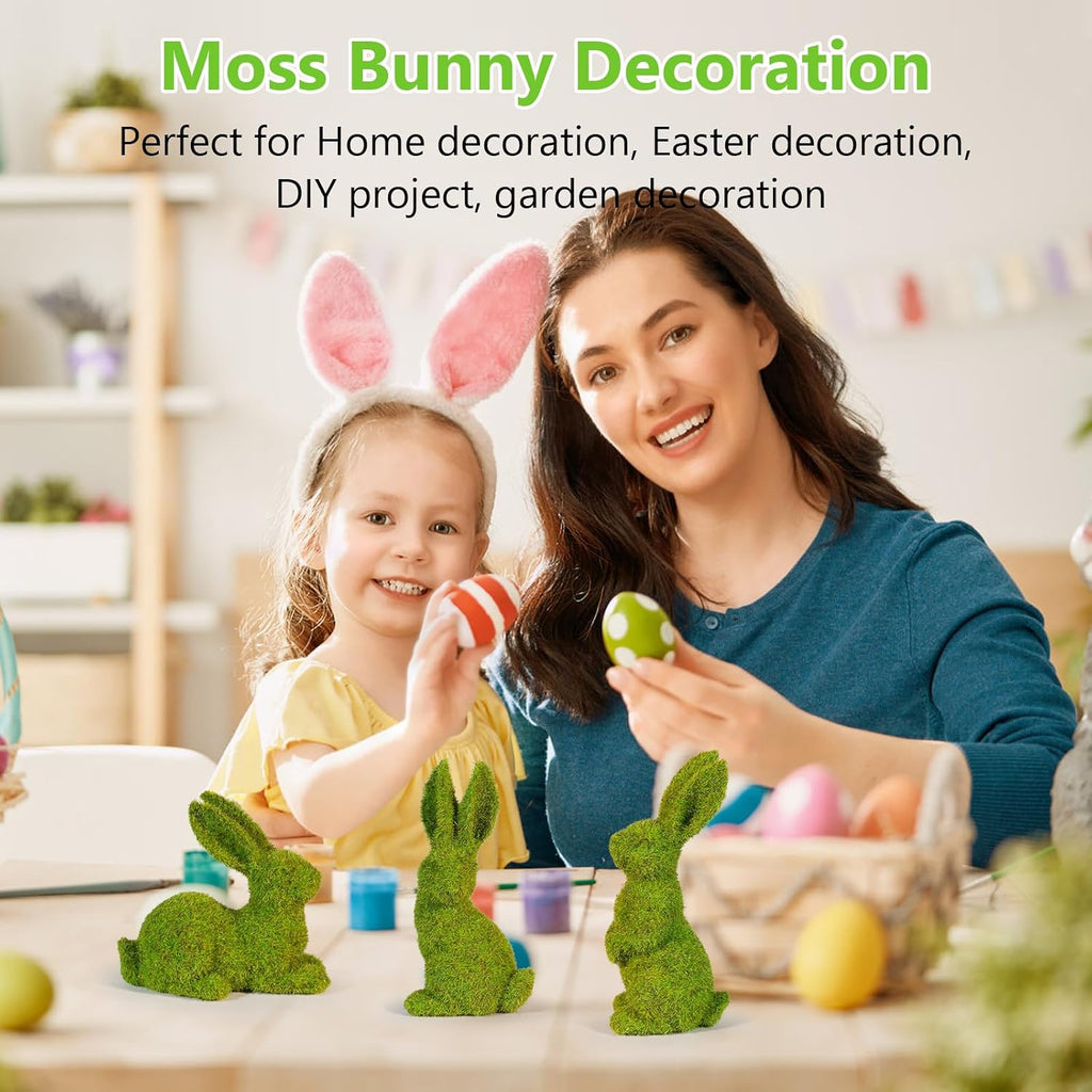 Easter Bunny Decorations,Resin Moss Bunny Figurine Features Larger Ears,Garden Artificial Moss Rabbit Easter Décor - Set of 3