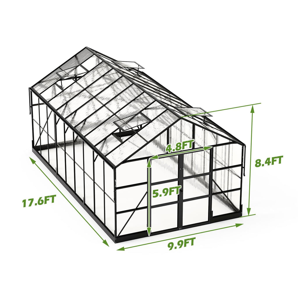 10x18 FT Polycarbonate Greenhouse with 4 Roof Vents