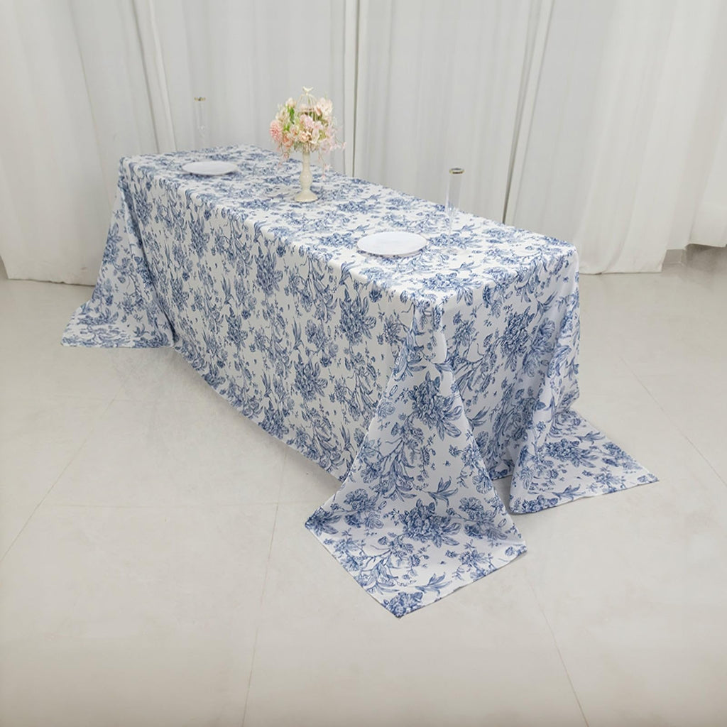 90"x132" White with Blue French Toile Pattern Wholesale Linens Polyester Tablecloths Banquet Linen Wedding Party