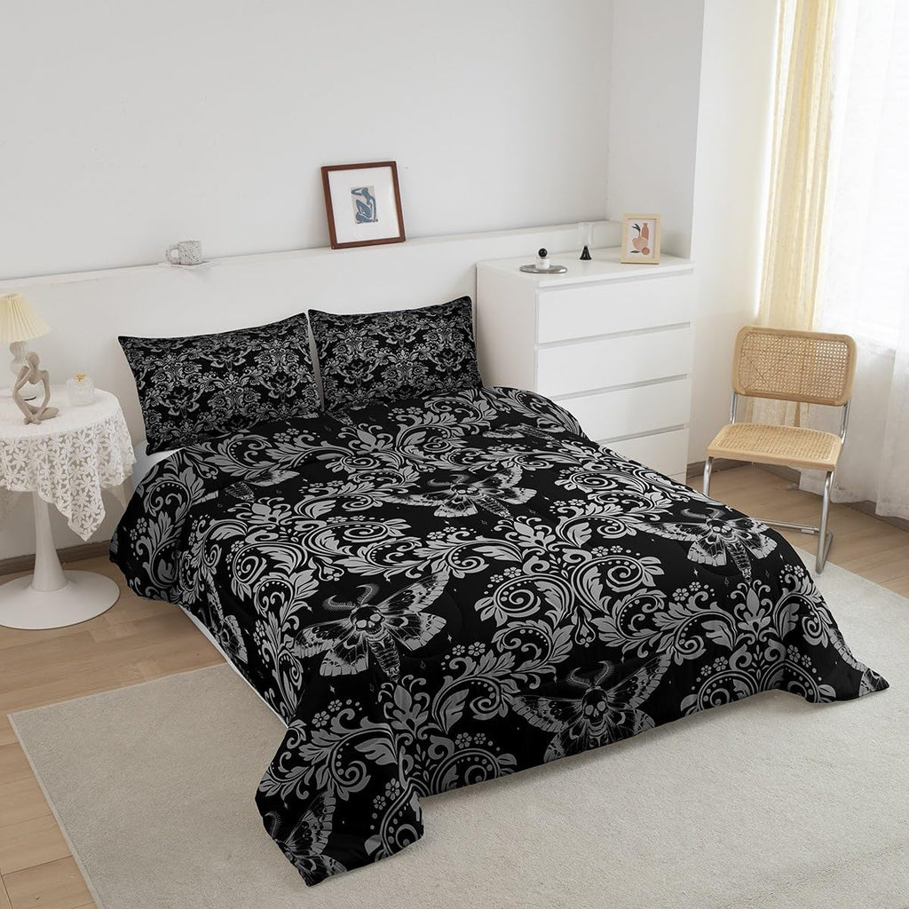 White Black Gothic Damask Floral Comforter Set King Bedding Set
