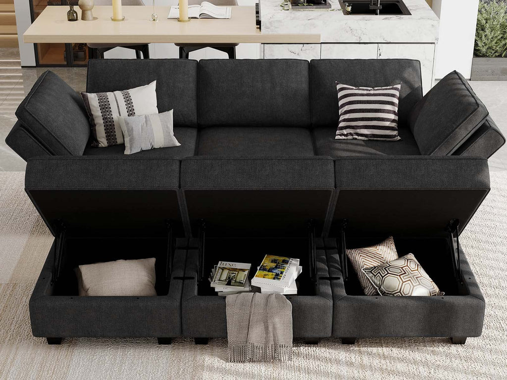 Terry Fabric Modular Sectional Sleeper Sofa Bed with Storage Convertible Sectional Couches 6 Seaters Black Modular